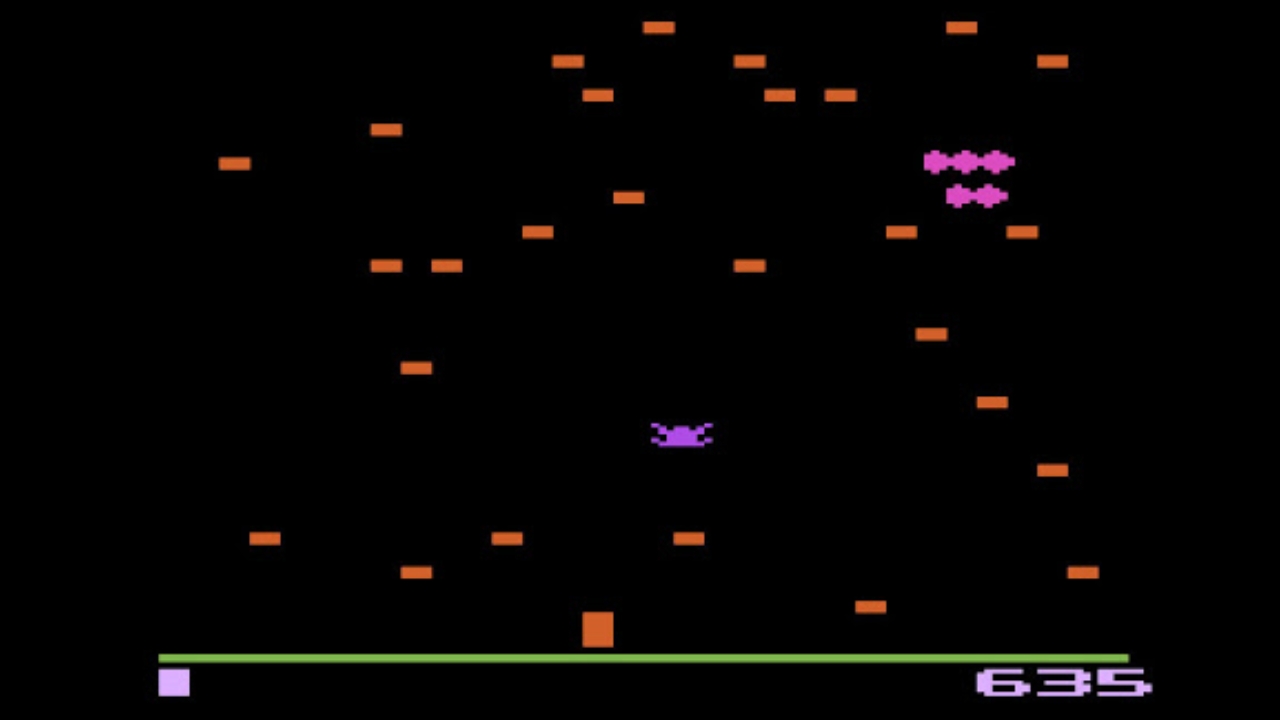 A screenshot of Centipede gameplay on the Atari 2600 console.