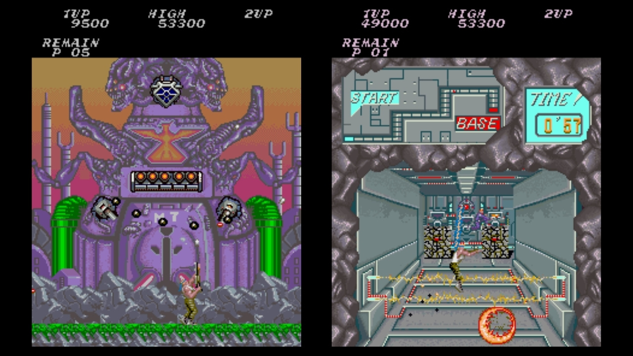 Two gameplay screenshots from the arcade version of Contra (1987).