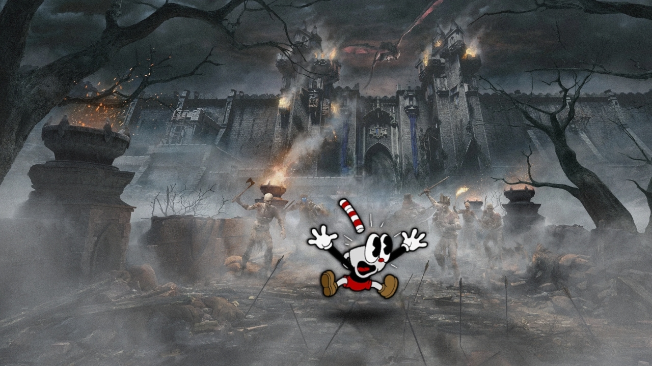 Cuphead, frightened, in a Demon's Souls scene.