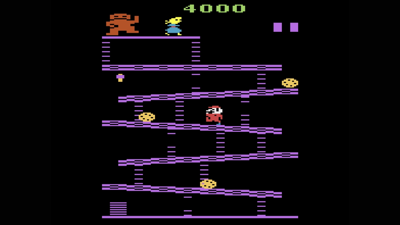 Gameplay screenshot of Donkey Kong for the Atari 2600 console. 