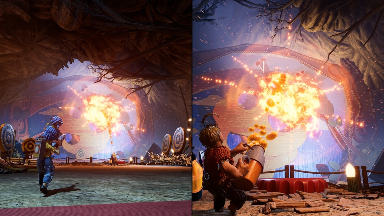 Gameplay screengrab of It Takes Two (2021) on Steam, featuring side-by-side gameplay.