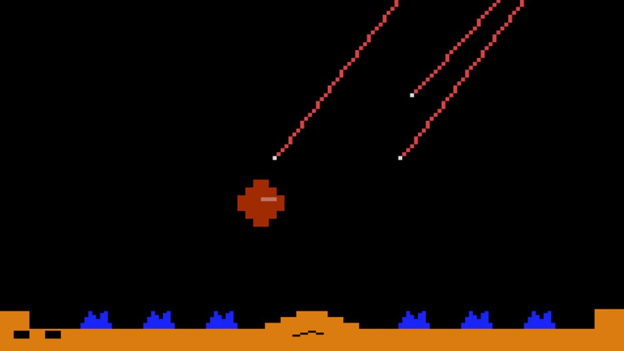 A screenshot of Missile Command gameplay on the Atari 2600 console.