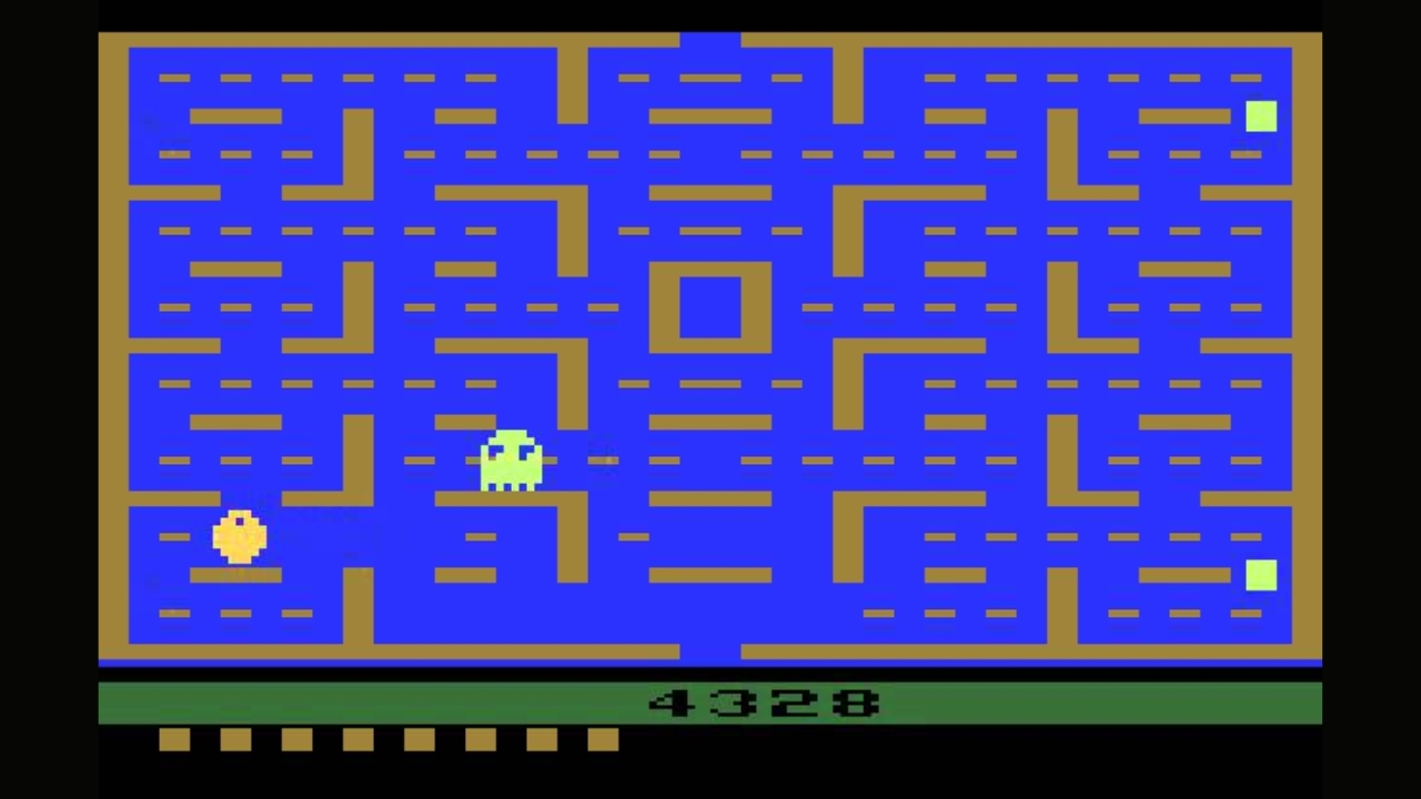 Pac-Man gameplay screenshot from the Atari 2600 console. 