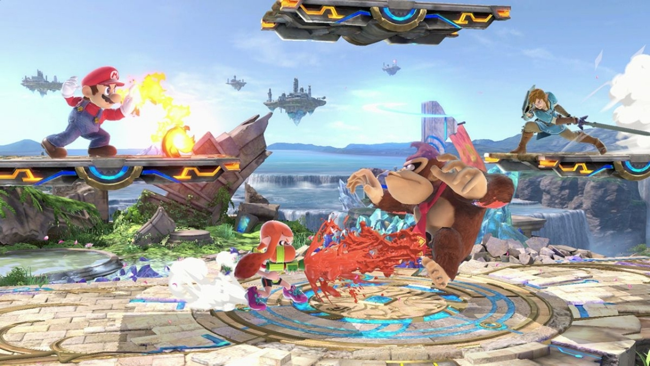 Super Smash Bros. Ultimate Screenshot (Nintendo.com) featuring Mario, Inkling from Splatoon, Donkey Kong and Link. 