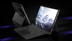 Two ASUS ROG Flow Z13 tablets show detachable keyboard and front and back views.