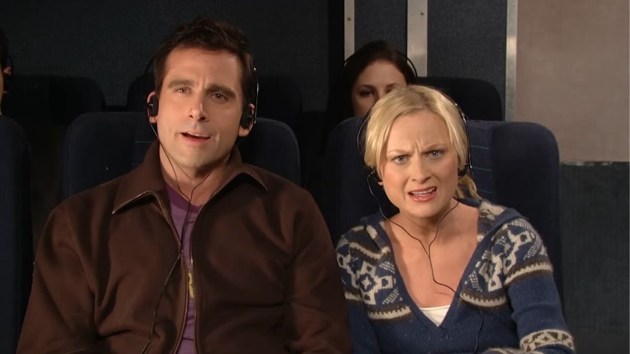 Jet Blue Flight 292 sketch on SNL. A couple on a Jet Blue flight (Steve Carell, Amy Poehler) have very different reactions to some news about their plane. [Season 31, 2005]