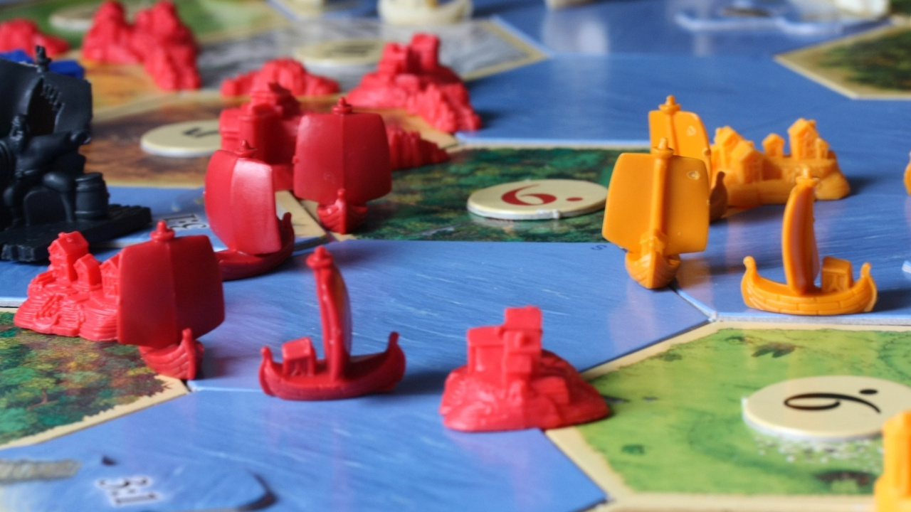 The Seafarers of Catan (expansion of "The Settlers of Catan") board set-up during a game.