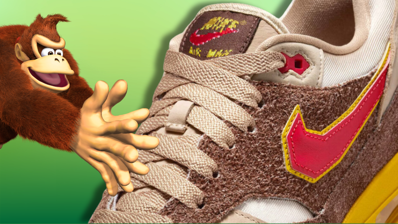 Donkey Kong reaches out from left side of image, seemingly caressing his new Nike x .SWOOSH sneaker (right).