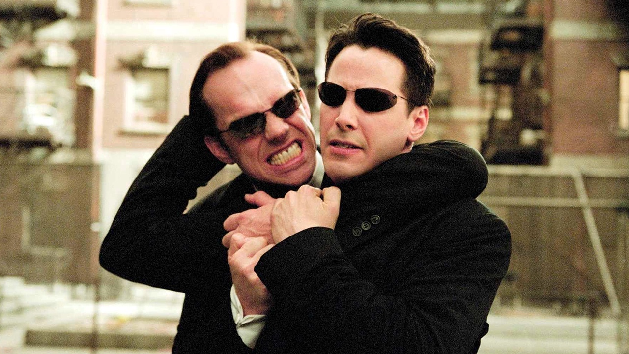 Keanu Reeves and Hugo Weaving in The Matrix Reloaded (2003)