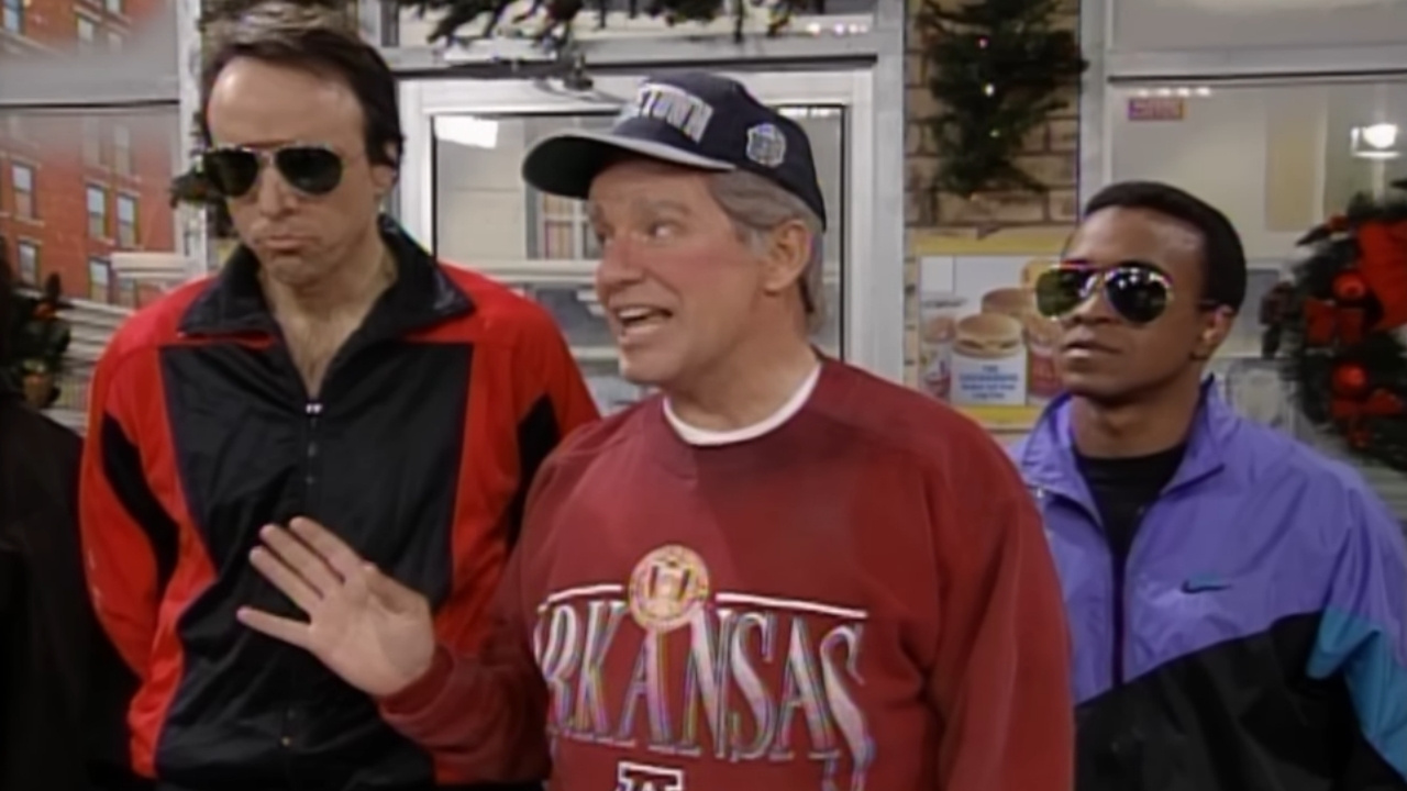 President Bill Clinton at McDonald's sketch for SNL. While on a jog, a hungry President Bill Clinton (Phil Hartman) stops at a McDonald’s, where he talks to customers and eats their food as he answers political questions. With Chris Farley and Kevin Nealon. [Season 18, 1992]