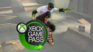 THPS "Warehouse" stage is in background. In foreground, Tony Hawk skates over Xbox Game Pass logo.