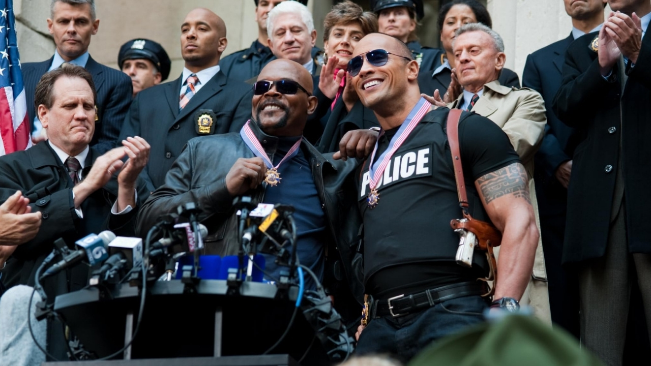 Samuel L. Jackson and Dwayne Johnson in The Other Guys (2010).