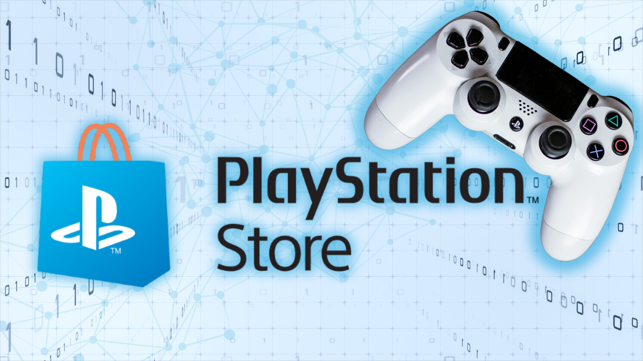 The PlayStation Store logo centered atop a background showing binary code. A white PlayStation controller is offset above logo.