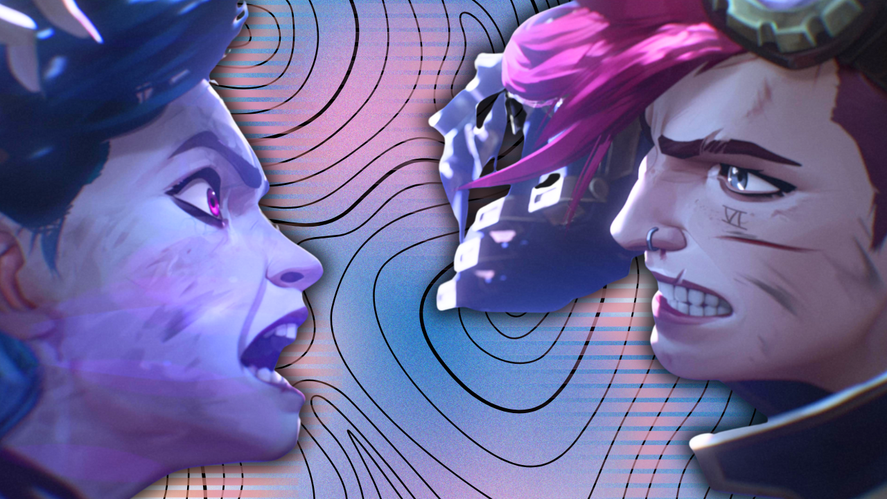 Arcane's two League of Legends champions aggressively stare one another down in foreground; futuristic neon background.