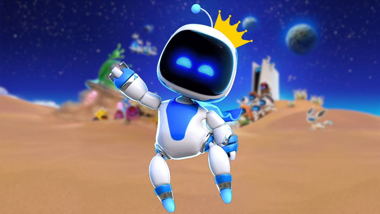 Video game character Astro Bot in foreground, wearing a superimposed gold crown and waving. Level from game blurred in background.