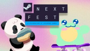 Steam Next Fest logo centered over swirly pastel background. On left, the titular pixelated panda from "Bao Bao's Cozy Laundromat." On right, the cute playable frog from "Olliefrog Toad Skater."
