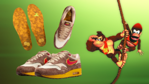 On the left, side view, overhead view, and soles of DK x Nike shoe. On the right, Donkey and Diddy Kong observe shoe details while hanging from vine.