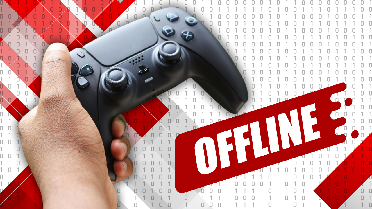 Geometric red and white background. In foreground, one hand holds a black Sony PlayStation controller. A red label reading "offline" is to the right of the controller.