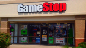 GameStop storefront in suburban strip mall.