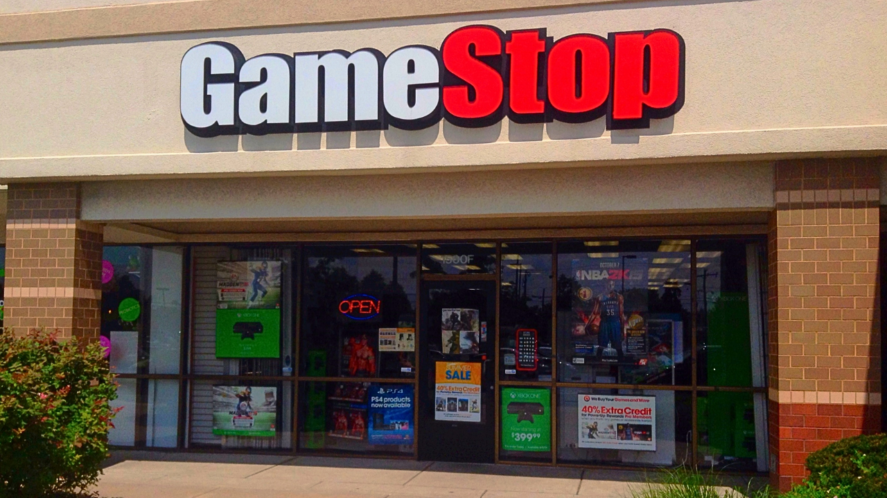 GameStop storefront in suburban strip mall.