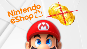 Nintendo's Mario looks upward from bottom of frame. To his left, the Nintendo eShop logo. To his right, three Nintendo eShop Gold Points crossed out with a bright red "x."