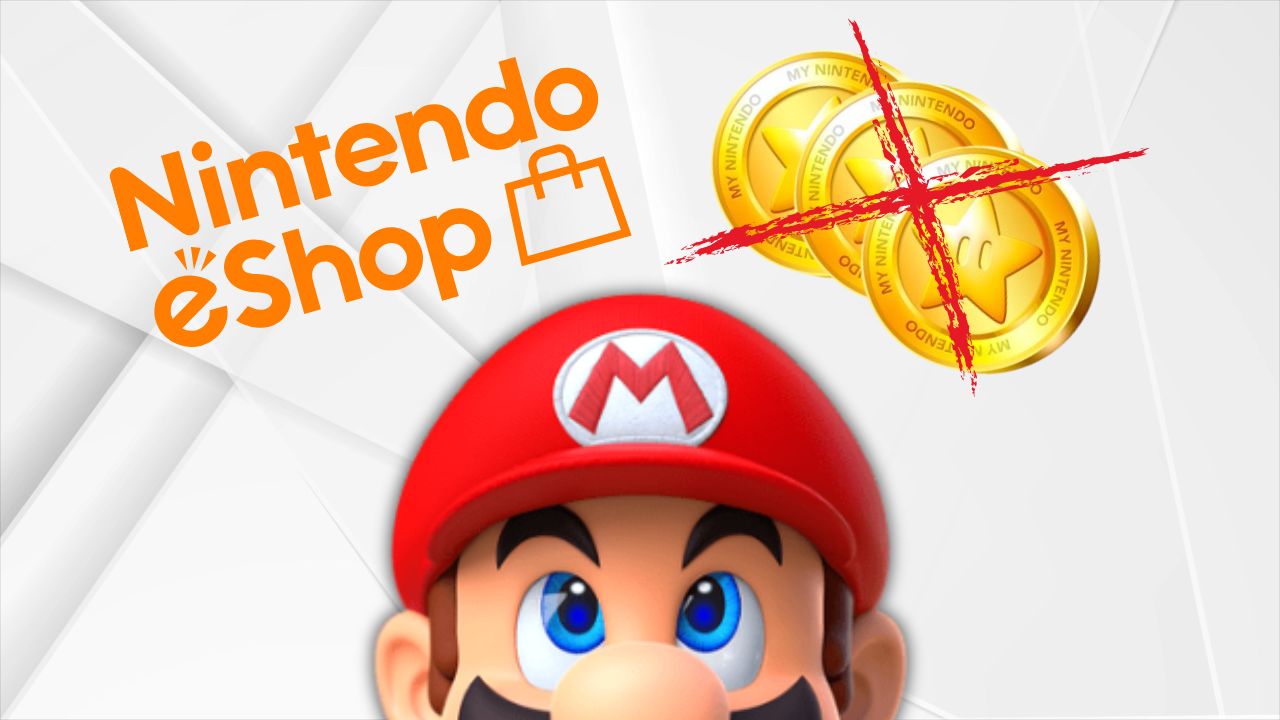 Nintendo's Mario looks upward from bottom of frame. To his left, the Nintendo eShop logo. To his right, three Nintendo eShop Gold Points crossed out with a bright red "x."