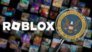 Roblox logo next to US SEC seal. A magnifying glass is positioned over the seal.