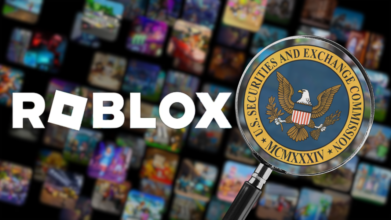 Roblox logo next to US SEC seal. A magnifying glass is positioned over the seal.