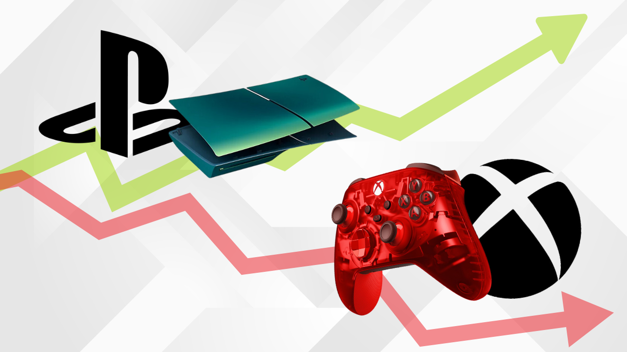 Near top of frame, green PS5 and PlayStation logo atop green arrow pointing upward. Near bottom, red Xbox controller and Xbox logo positioned over red arrow pointing downward.