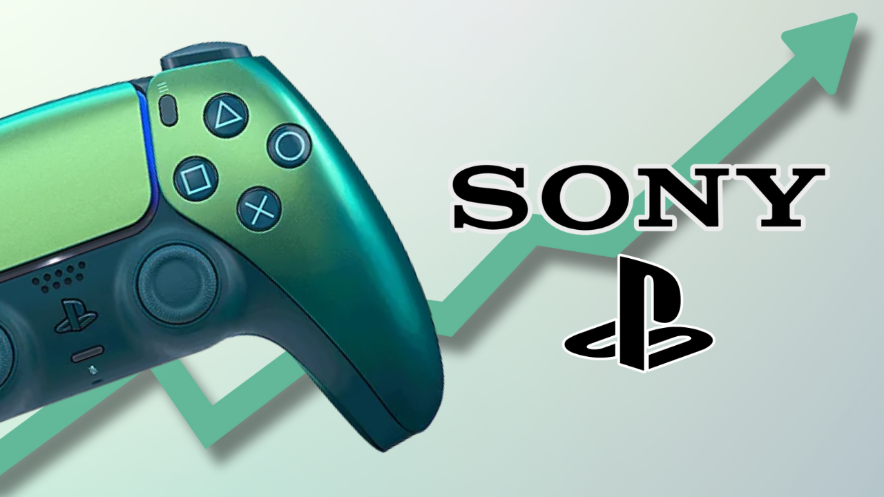 A portion of a pearlescent blue-green PlayStation 5 controller is shown on the left. To the right, the Sony and PlayStation logos. In the background, a green arrow pointing upward to show growth.