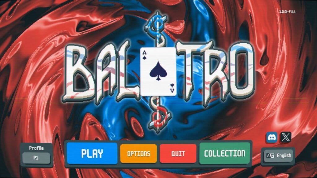 "Balatro" main menu shows Play, Options, Quit, and Collection buttons.