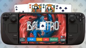 Foreground: Steam Deck shows Balatro title screen. Background: Red/blue gradient with playing card suit pattern.