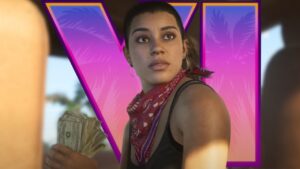 Unnamed female protagonist of 'Grand Theft Auto VI' holds money in foreground. Behind her, a large stylized "VI."