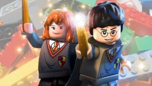 Harry Potter and Hermione Granger as they appear in LEGO® Harry Potter™ Collection video games. Behind them, assorted LEGO bricks.