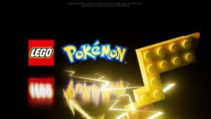 Black background. LEGO and Pokemon logos in foreground. To the right, a Pikachu tail comprised of LEGO appears to conduct electricity.