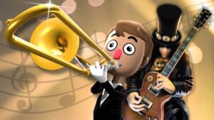 'Trombone Champ' on left, Slash (as seen in 'Guitar Hero III: Legends of Rock') on the right. In background, stage lighting.