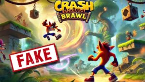 AI-generated promo image for fake game "Crash Bandicoot Brawl." In the bottom left corner, a red "FAKE" sticker.