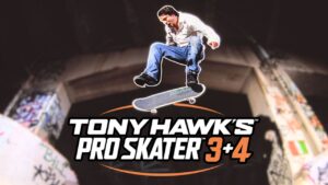 Bam Margera skates over 'Tony Hawk Pro Skater 3 + 4' logo.
