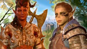 'Baldur's Gate 3' characters Karlach and Lae'zel softly smile.