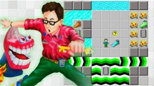 1989 puzzle game "Chip's Challenge" protagonist (as seen on original cover art) positioned over gameplay image. The game and its sequel are available via Steam's Box-Pushing Fest.