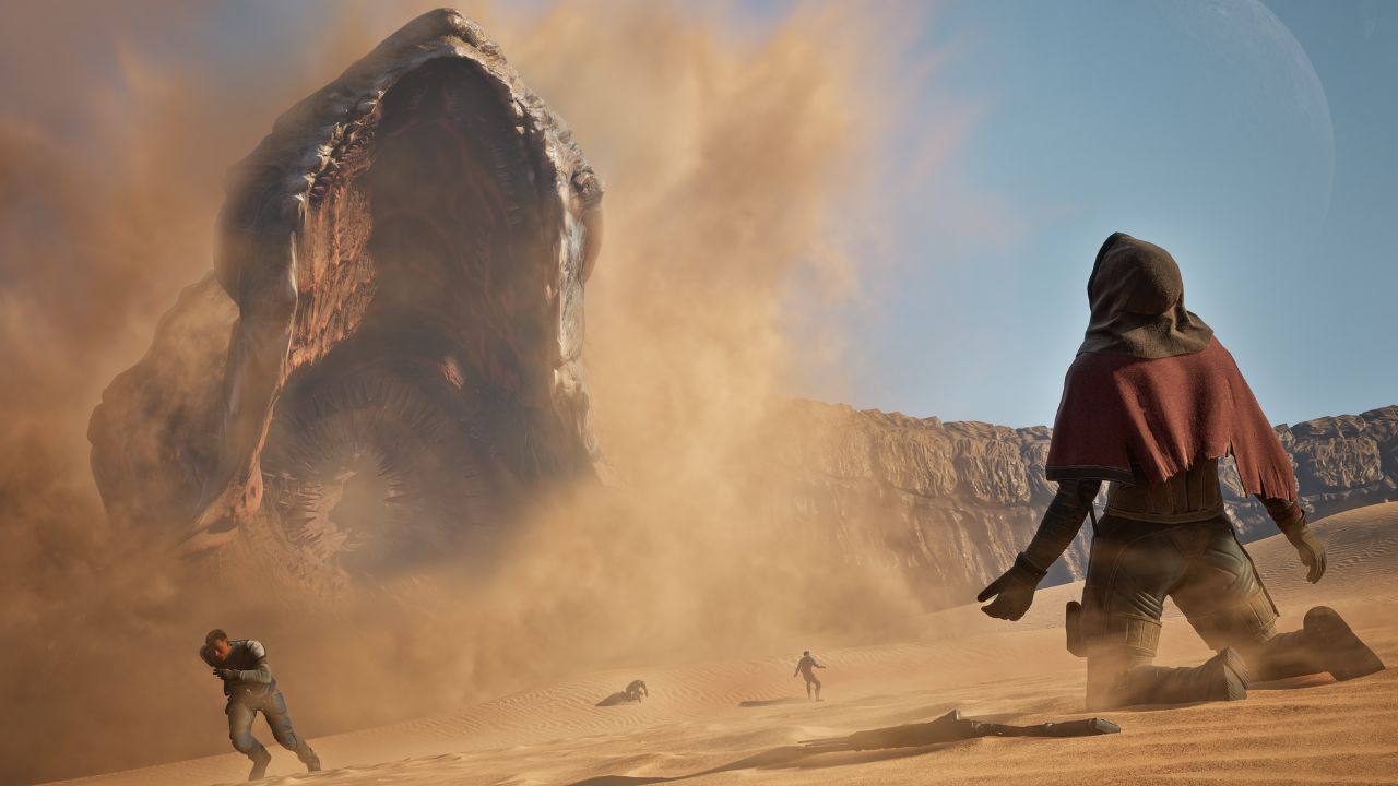 In the deserts of Arrakis, a person falls to their knees before the gargantuan Shai-Hulud sandworm.