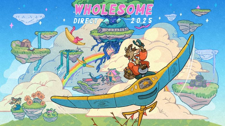 Whimsical promo image for Wholesome Games' Direct presentation shows cartoon deer smiling, navigating aircraft. | Outrun Gaming | Outrun Gaming
