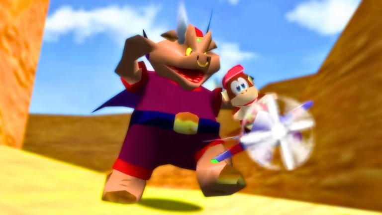 Antagonist Wizpig pursues airplane pilot and protagonist Diddy Kong in 'Diddy Kong Racing' | Outrun Gaming | Outrun Gaming