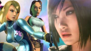 Video game heroines Samus Aran (L), Lara Croft (center), and Faith Connors (R).