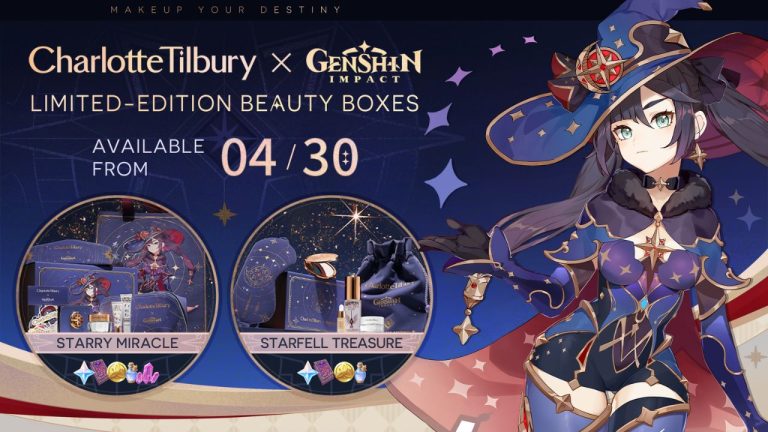 On left, Mona Megistus, the Astrologist poses next to collab brand logos. On right, two sneak-peek pics of included cosmetics. | Outrun Gaming | Outrun Gaming