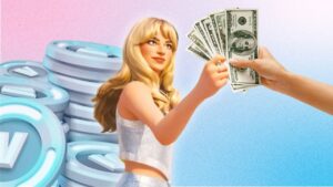 Pop sensation Sabrina Carpenter, as seen in 'Fortnite,' takes money from outstretched human hand. Behind her, a pile of V-Bucks, the title's in-game currency.