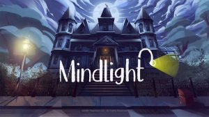 Promo image for PlayNIce LLC's 'MindLight' showing logo centered over illustrated haunted house.