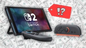 USD in background. In foreground, a Nintendo Switch 2 console with a price tag that reads, "!?"