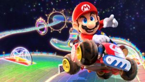 Mario zooms through 'Rainbow Road,' pointing ahead