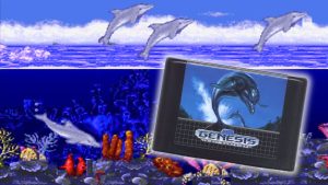 'Ecco the Dolphin' Sega Genesis gameplay image with original Genesis cartridge visible in bottom right corner.